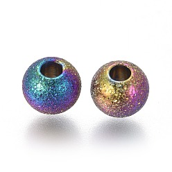 Rainbow Color Ion Plating(IP) 304 Stainless Steel Textured Beads, Round, Rainbow Color, 6x5mm, Hole: 2mm