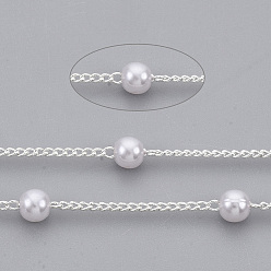 Silver Handmade Brass Chains, with Round ABS Plastic Imitation Pearl Beads, Soldered, with Spool, Creamy White, Silver, 2x1.2x0.4mm, about 39.37 Feet(12m)/roll