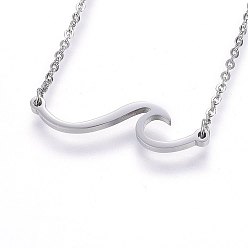Stainless Steel Color 304 Stainless Steel Pendant Necklaces, with Cable Chains and Lobster Claw Clasps, Wave, Stainless Steel Color, 18.11 inch(46cm), 1.5mm