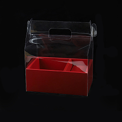 Dark Red Plastic & Paper Transparent Carrying Flower Gift Box, with 2 Compartment, for Bakery Cake Cupcake Packing, Rectangle, Dark Red, 265x185x300mm
