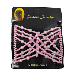 Pink Steel Hair Bun Maker, Stretch Double Hair Comb, with Glass Beads and ABS Plastic Imitation Pearl Beads, Pink, 75x85mm