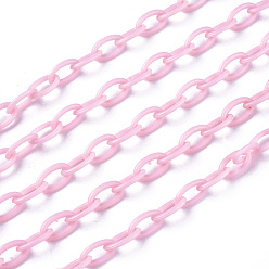 Pink ABS Plastic Cable Chains, Oval, Pink, 13x7~7.5x2mm, about 15.35~15.74 inch(39~40cm)/strand
