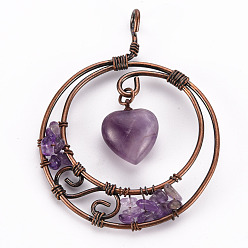 Amethyst Natural Amethyst Big Pendants, Wire Wrapped Pendants, with Red Copper Brass Wires, Flat Round with Heart, 63.5x49~50x9.5mm, Hole: 4mm