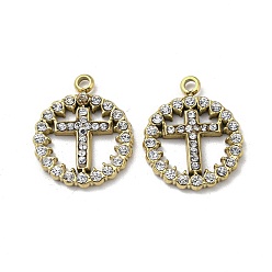Real 14K Gold Plated 304 Stainless Steel Pendants, with Crystal Rhinestone, Ring with Cross Charms, Real 14K Gold Plated, 17x14x2mm, Hole: 1.5mm