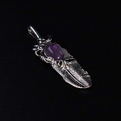Amethyst Natural Amethyst Big Pendants, Platinum Plated Alloy Feather Charms, 60x18mm