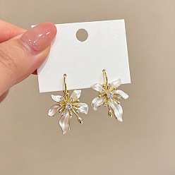 Golden Alloy Enamel Leverback Earrings, Flower, Crystal Rhinestone Dangle Earrings, Golden, 30mm