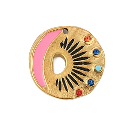 Фламинго 304 нержавеющей стальной эмали подвески, со стразами, плоский круглый с шармом в виде глаз, золотые, фламинго, 19x19x3 мм, отверстие : 1.4 мм