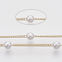 Light Gold Handmade Brass Chains, with Round ABS Plastic Imitation Pearl Beads, Soldered, with Spool, Creamy White, Light Gold, 2x1.2x0.4mm, about 39.37 Feet(12m)/roll