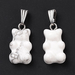 Howlite Natural Howlite Pendants, with Stainless Steel Color Tone 201 Stainless Steel Findings, Bear, 27.5mm, Hole: 2.5x7.5mm, Bear: 21x11x6.5mm