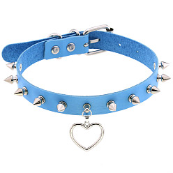 Light blue Punk Rivet Spike Lock Collar Chain Necklace with Soft Girl Peach Heart Pendant