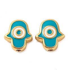 чирок Стойки обшивки латунные бусины, с эмалью, долговечный, реальный 18 k позолоченный, Хамса руку с дурным глазом, зелено-синие, 9.5x8.5x3.5 мм, отверстие : 1.2 мм