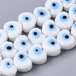 White Handmade Evil Eye Lampwork Beads Strands, Heart, White, 9~10x11x7~8mm, Hole: 2mm, about 30pcs/strand, 11.02 inch(28cm)