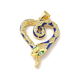 Синий Латунные микропаве прозрачные подвески с фианитом, с эмалью, реальный 18 k позолоченный, без свинца, без кадмии и без никеля, сердце со змеей, синие, 27x19.5x5 мм, отверстие : 4.5x3.5 мм