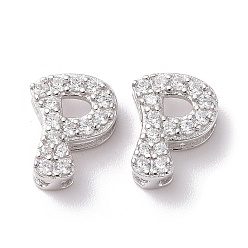 Letter P 925 Sterling Silver Micro Pave Cubic Zirconia Beads, Real Platinum Plated, Letter P, 9x7x3.5mm, Hole: 2.5x1.5mm