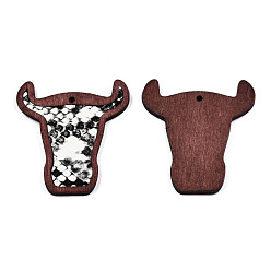 Creamy White Eco-Friendly Cowhide Leather Big Pendants, with Dyed Wood, Cattle Head with Leopard Print Pattern, Creamy White, 55x50x3mm, Hole: 2mm