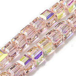 Misty Rose Electroplate Glass Beads Strands, Half Rainbow Plated, Faceted, Cube, Misty Rose, 7~7.5x7~7.5x7~7.5mm, Hole: 1mm