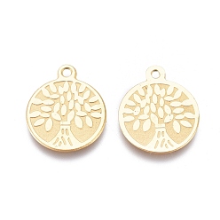 Golden Ion Plating(IP) 304 Stainless Steel Charms, Laser Cut, Flat Round with Tree, Golden, 13.3x11x0.6mm, Hole: 1mm