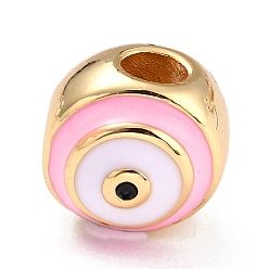 Pink Brass Enamel Beads, Long-Lasting Plated, Real 18K Gold Plated, Round, Pink, 11~11.5mm, Hole: 3mm