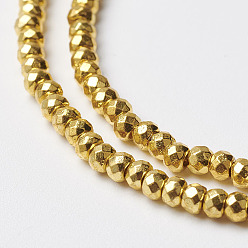 Golden Plated Non-magnetic Synthetic Hematite Beads Strands, Faceted, Rondelle, Golden Plated, 3x2mm, Hole: 1mm, about 188~205pcs/strand, 14.7 inch~15.7 inch