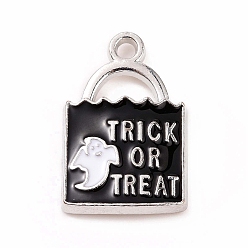 Platinum Halloween Alloy Enamel Pendants, Lock with Ghost & Word Trick or Treat Charm, Platinum, 24x15.5x3mm, Hole: 2mm