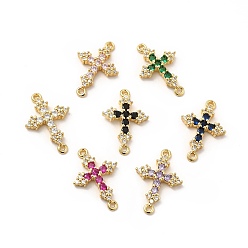 Mixed Color Eco-Friendly Rack Plating Brass Pave Cubic Zirconia Connector Charms, Lead Free & Cadmium Free, Real 18K Gold Plated, Religion Cross Links, Mixed Color, 24.5x16.5x3.5mm, Hole: 1.4~1.5mm