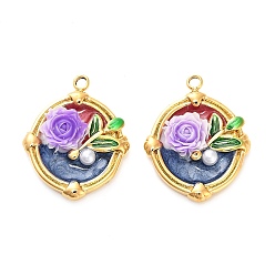 Фиолетовый 304 нержавеющей стальной эмали подвески, Со смолой и имитацией жемчуга, овальные с цветком, ионное покрытие (ip), реальный 18 k позолоченный, фиолетовые, 23x18x4.5 мм, отверстие : 1.8 мм