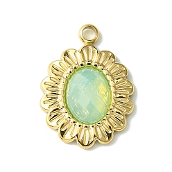 Pale Green Ion Plating(IP) Real 14K Gold Plated 304 Stainless Steel with Glass Pendant, Oval Flower Charms, Pale Green, 18x13x3.5mm, Hole: 1.6mm