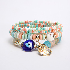 colorful Bohemian Multi-layer Bracelet Set with Metal Shells and Evil Eye Charm Jewelry