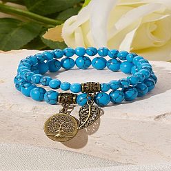 Синтетическая Бирюза 2шт. браслеты из синтетических круглых бусин бирюзы, браслеты с подвесками из сплава для женщин, дерево жизни и листья, античное золото , 7 дюйм (17.8 см)