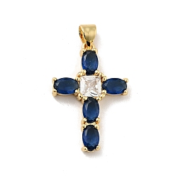 Prussian Blue Rack Plating Brass Micro Pave Cubic Zirconia Pendants, Long-Lasting Plated, Lead Free & Cadmium Free, Cross, Real 18K Gold Plated, Religion, Prussian Blue, 26.5x18x4mm, Hole: 3.5x4mm