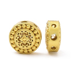 Matte Gold Color Rack Plating Brass Beads, Long-Lasting Plated, Lead Free & Cadmium Free, Flat Round with Flower, Matte Gold Color, 10x5mm, Hole: 1.4mm and 1.8mm