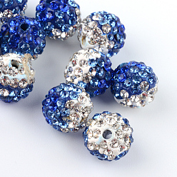 Sapphire Two-Tone Color Handmade Polymer Clay Disco Ball Beads, with Glass Rhinestone, Sapphire, 9~10mm, Hole: 2mm