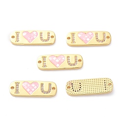 Real 18K Gold Plated Brass Micro Pave Clear Cubic Zirconia Pendants, Shell Filled in Enamel, Long-Lasting Plated, Rectangle with Word Love, Pink, Real 18K Gold Plated, 9.5x27x3mm, Hole: 1.6mm