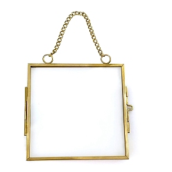 Античное Золото Прямоугольная мини-латунная настенная фоторамка для прессованного цветка с цепочкой, двойная стеклянная металлическая рамка для демонстрации картин, декор стен галереи, античное золото , 90x90 мм