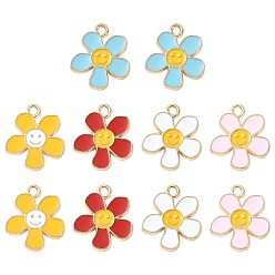 Mixed Color 10Pcs 5 Colors Alloy Enamel Pendants, Flower with Smiling Face Charm, Cadmium Free & Nickel Free & Lead Free, Golden, Mixed Color, 21.2~21.3x18x1.4~1.5mm, Hole: 2~2.2mm, 2pcs/color