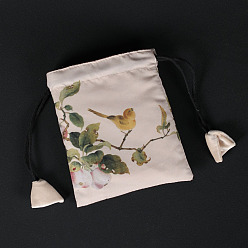 Linen Rectangle Chinese Style Cloth Jewelry Drawstring Gift Bags for Earrings, Bracelets, Necklaces Packaging, Bird Pattern, Linen, 12x10cm
