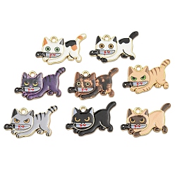 Mixed Color Printed Alloy Pendants, with Enamel, Golden, Cadmium Free & Nickel Free & Lead Free, Cat with Knife Shape Charms, Mixed Color, 17x29x1.5mm, Hole: 2mm