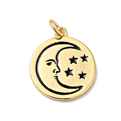 Real 18K Gold Plated Rack Plating Brass Enamel Pendants, with Jump Ring, Cadmium Free & Nickel Free & Lead Free, Flat Round with Moon & Star, Real 18K Gold Plated, 18.5x16x1.5mm, Hole: 3.6mm