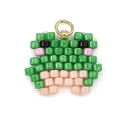 Pink Стеклянные подвески из бисера, лягушки, с открытыми пружинными кольцами из нержавеющей стали 304, розовые, 14x16x2 мм, отверстие : 3 мм