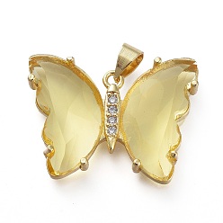 Pale Goldenrod Brass Micro Pave Clear Cubic Zirconia Pendants, with Glass, Butterfly, Golden, Pale Goldenrod, 20x26.5x5mm