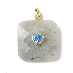 Лабрадорита Ограненные подвески из натурального лабрадорита, Квадратные подвески с латунными фианитами в оправе из кубического циркония, золотые, 33.5~35x25.5x8~8.5 мм, отверстие : 4 мм