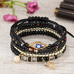 SL1001-Black Multi-layered Handmade Beaded Elastic Bracelet with Eye-catching Charm for Women
