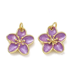 Golden Brass Enamel Pendants, Flower Charms, Rack Plating, Long-Lasting Plated, Cadmium Free & Lead Free, Golden, 15.5x15.5x3.7mm, Hole: 3mm
