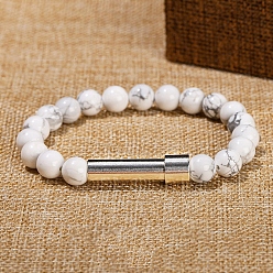 Howlite Natural Howlite Round Beads Stretch Bracelets, Titanium Tube Link Bracelets for Women, 11-3/8 inch(29cm), 8mm
