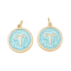 Aries Brass Enamel Pendants, Flat Round & Constellation Charms, Rack Plating, Long-Lasting Plated, Cadmium Free & Lead Free, Golden, Aries Charms, 17.5x15x2mm, Hole: 3mm