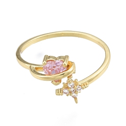 Настоящее золото 18K Открытое кольцо-манжета с жемчужно-розовым цирконием в форме сердца и звезды, украшения из латуни для женщин, реальный 18 k позолоченный, размер США 9 1/2 (19.3 мм)
