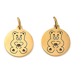 Bear 304 Stainless Steel Charms, with Jump Ring, Flat Round Charm, Laser Cut, Golden, Bear, 13.5x11.5x1mm, Hole: 3.4mm