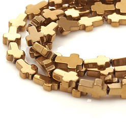 Golden Plated Vacuum Plating Non-magnetic Synthetic Hematite Beads Strands, Cross, Golden Plated, 6.5x4.5x1.5mm, Hole: 0.7mm, about 65pcs/strand, 16.14 inch(41cm)