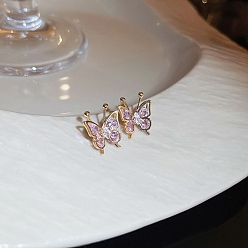 Light Amethyst Rhinestone Butterfly Stud Earrings, Golden 925 Sterling Silver Jewelry for Women, Light Amethyst, 14.5x10.5mm