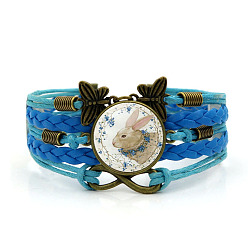 Royal Blue Easter Rabbit Pattern Glass Link Multi-strand Bracelet, Alloy Butterfly & Infinity Braided Wide Bracelet for Women, Royal Blue, 6-3/4 inch(17cm)